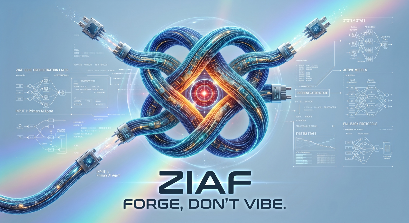 ZIAForge ప్రారంభ చిత్రం: నీలి అల్లిన కేబుల్, నారింజ రంగు కేంద్రం.